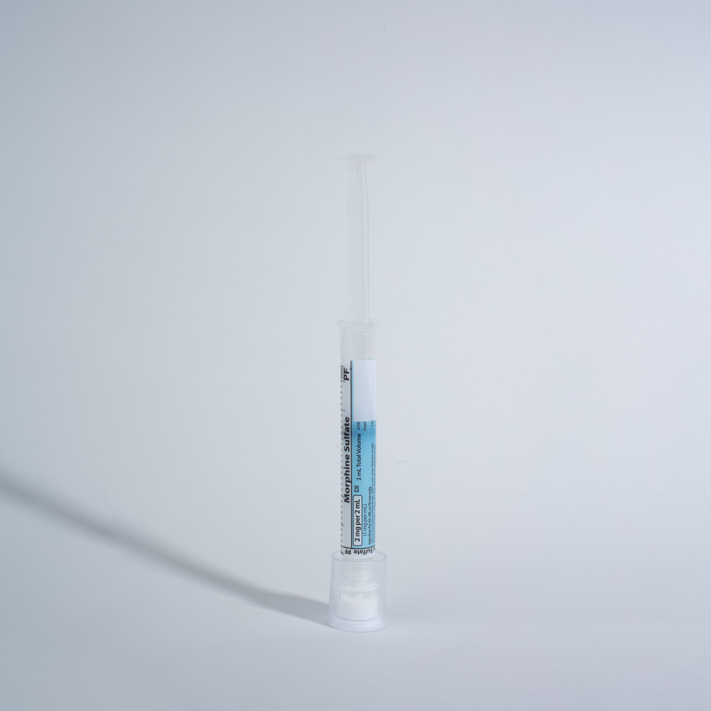 Morphine Sulfate 1 mg/mL, preservative free, 2 mL in a 3 mL Syringe