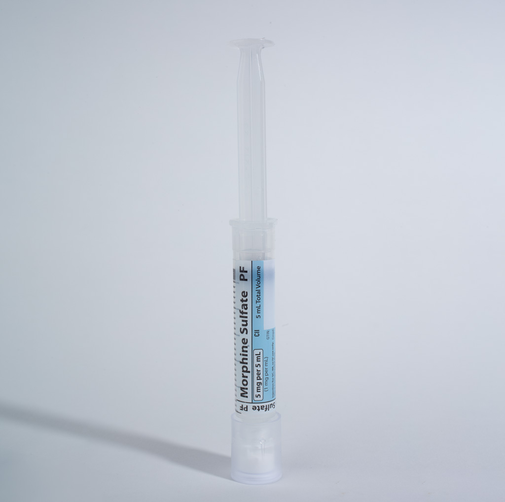 Morphine Sulfate 1 mg/mL, preservative free, 5 mL in a 5 mL Syringe